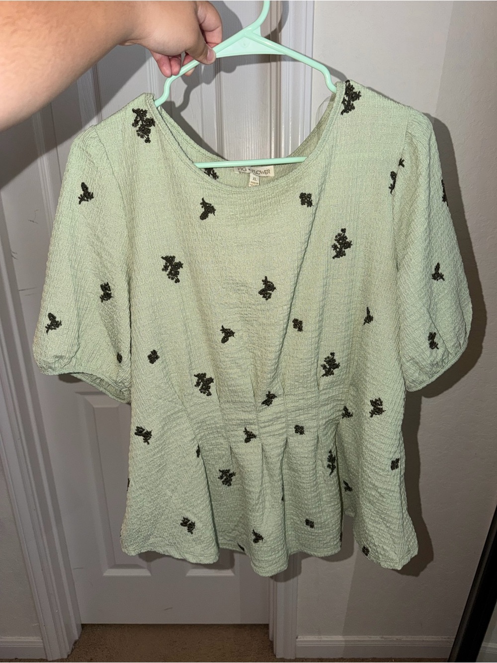 Fig + Flower Light Green Embroidered Peplum Top
